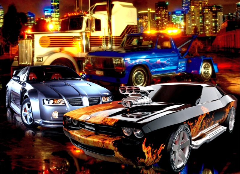 fantasy, lights, auto, luces, cars, 1080P, ciudad, grua, night, camion, trucks, city, motor