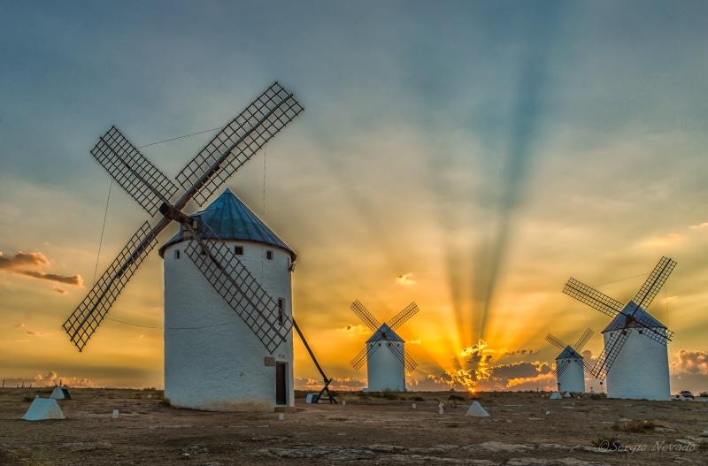 white, sunrise, four, quijote, explorer, concrete, campo, rayos, windmills, Amanecer, windmill, sky, aspas, 5K, sunset, ciudad  real, entre, molinos