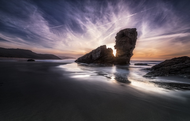 landscape, peñón, exposición, silhouette, the guardian, sunrise, bayas, travel, long exposure, body, larga, body of water, spain, asturias, hitech, rock