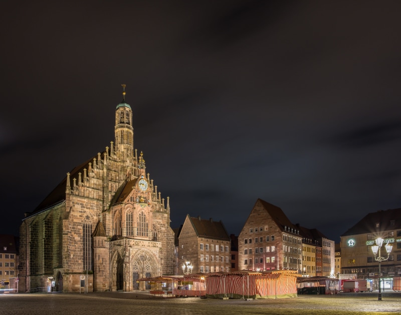 architecture, travel destinations, night, bayern, nürnberg, bavaria, church of our lady, germany, belief, illuminated, spire, building exterior, 4K, no people