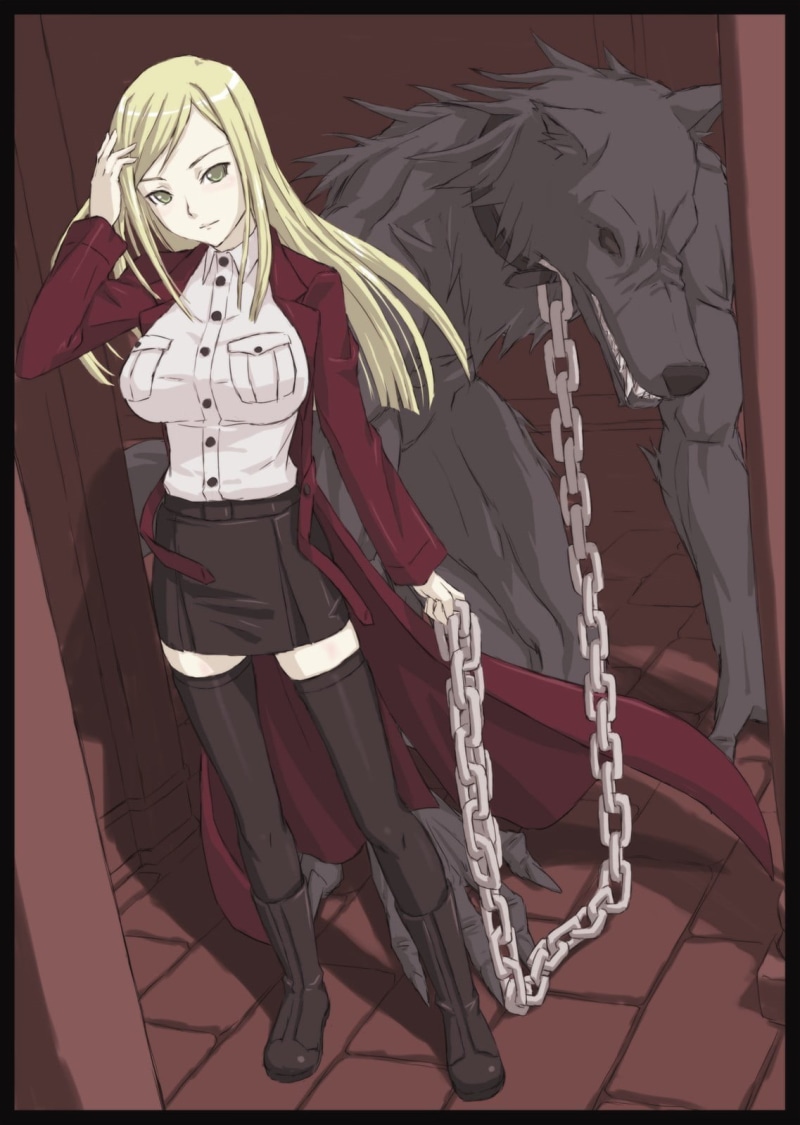 skeleton, human body part, 720P, art and craft, bone, holding, Wilhelmina Vlad " Mina" Țepeș, anime, Akira Kaburagi Regendorf, indoors, haired, fear, black background