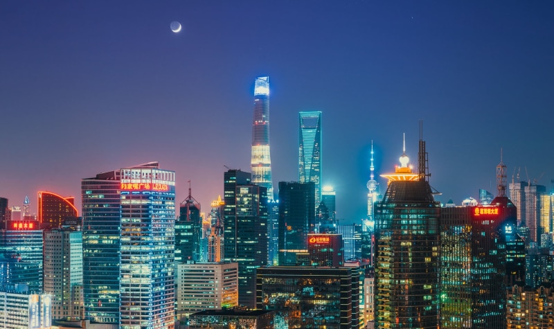 Oriental Pearl Tower, horizon, the moon, night, city, lights, 1080P, the sky, China, Shanghai, Shanghai World Financial Center, Shanghai Tower