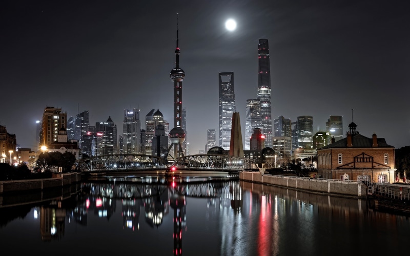 oriental, skyscraper, tower, river, built structure, Shanghai, night, office building exterior, reflection, architecture, financial district, building exterior