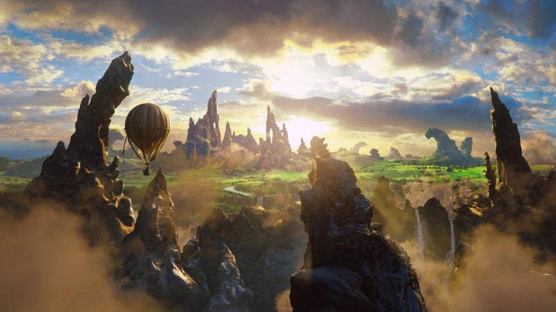 rock formation, movies, sunlight, fantasy art, digital art, hot air balloons, landscape, 1080P, Oz the Great and Powerful