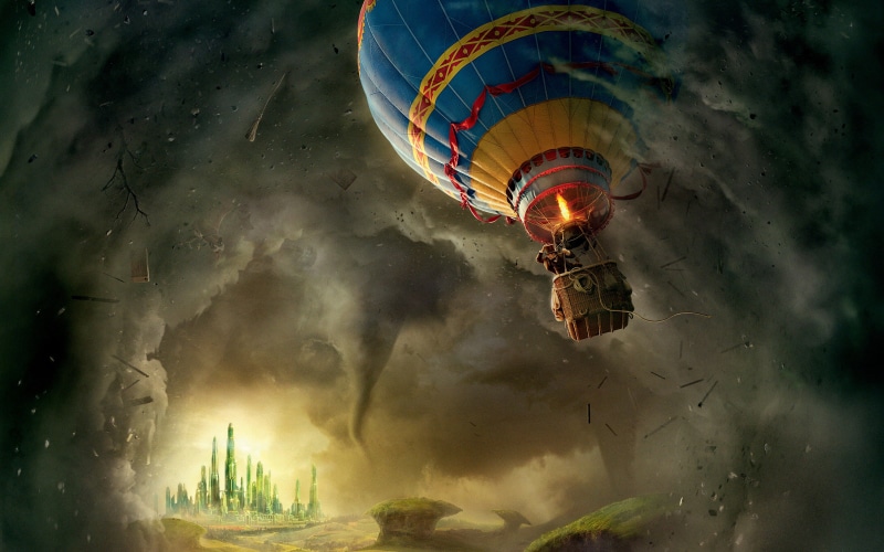 celebration, castle, balloon, flying, fantasy, dusk, no people, James Franco, transportation, motion, sky, Oz the Great and Powerful, mid-air, arts culture and entertainment