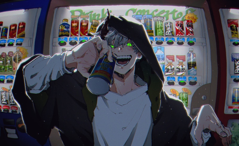 smiling, white hair, horns, 2K, green eyes, Male, can, glowing eyes, vending machine, yokai