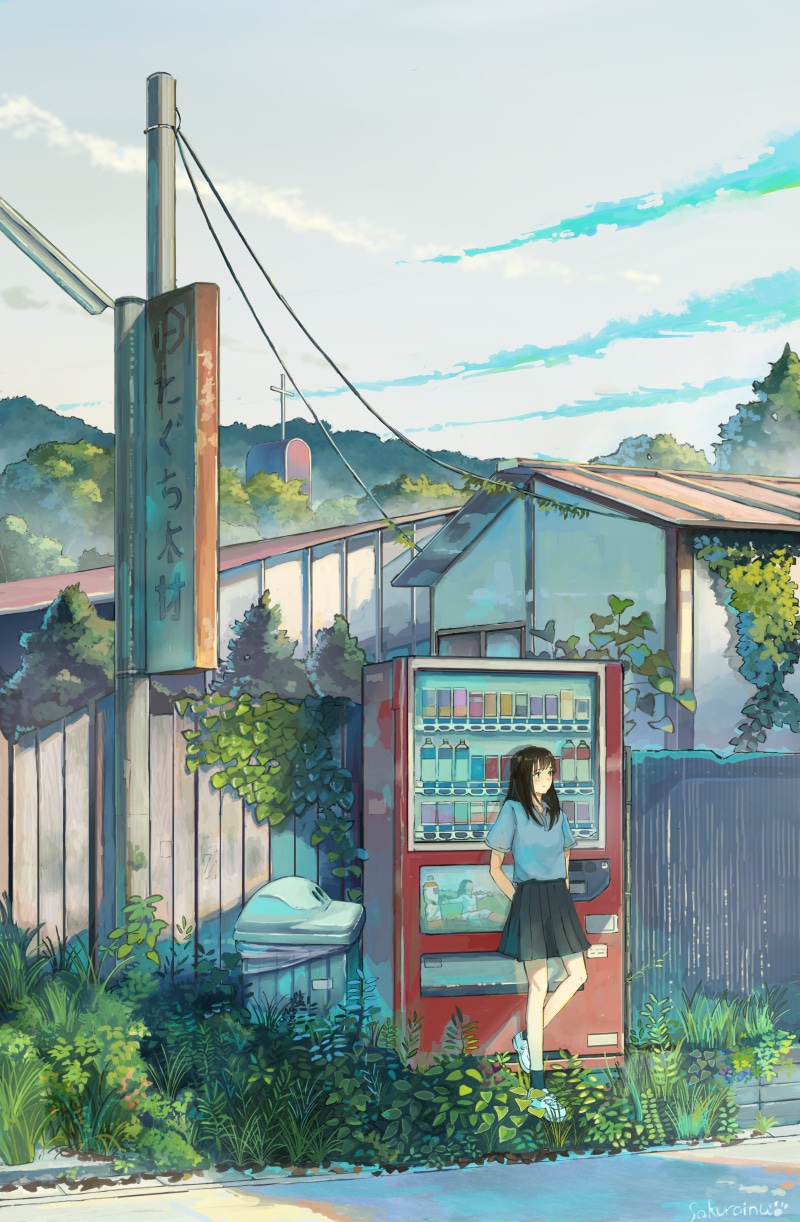 street, anime girls, Sakurainu, village, digital art, anime, sky, drawing, vertical, original characters, illustration, brunette, 4K, artwork, vending machine
