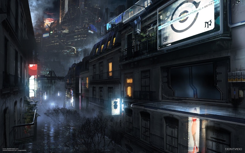 residential district, street, transportation, night, rail transportation, building exterior, mode of transportation, futuristic city, car, public transportation