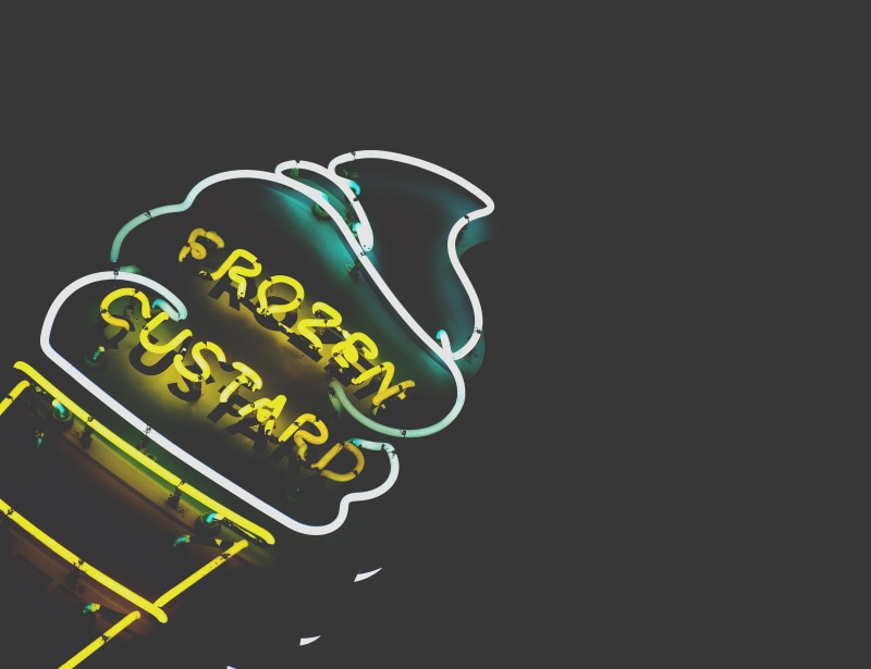 signage, 5K, green color, custard, white, sign, no people, studio shot, copy space, black background, ice cream, inscription, communication, illuminated
