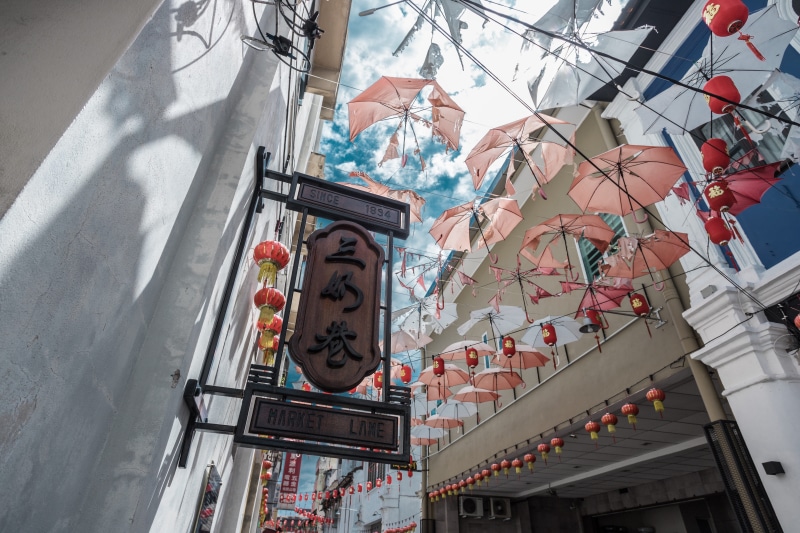 street, perak, lantern, architecture, signboard, sunlight, decoration, culture, signage, ipoh, city, building exterior, outdoors, town, no people, 5K