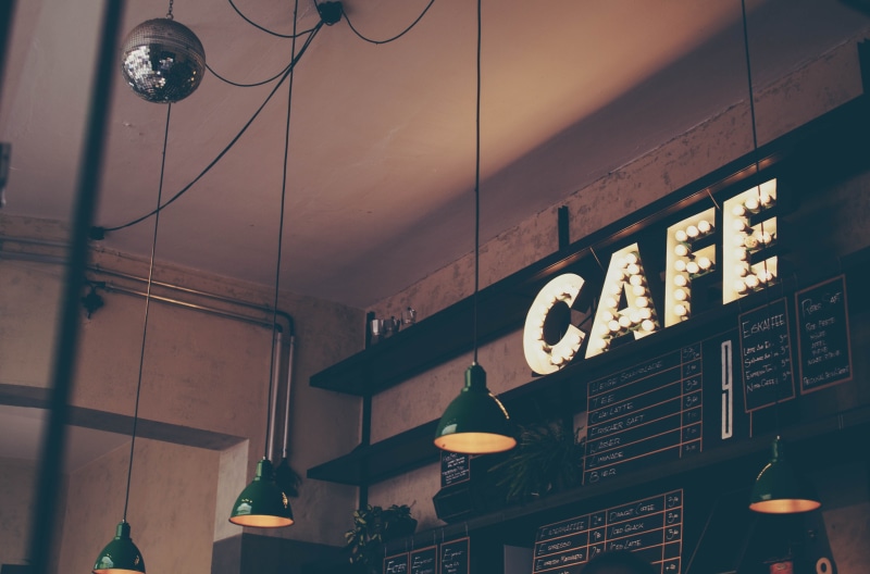 light, ceiling, cafe, modern, pendant, lamp, indoors, low angle view, bar - drink establishment, electric Lamp, round, 4K, sign, wall - Building Feature