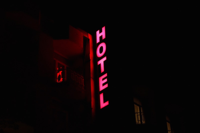 communication, hotel, illuminated, black background, western script, signage, city Life, architecture, business, 2K, text, copy space, sign, city, light