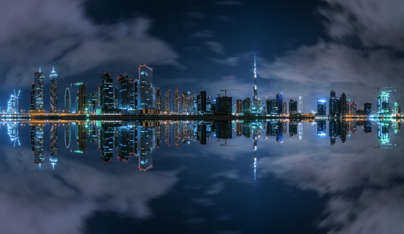modern, waterfront, financial district, no people, 1080P, concrete, tall - high, skyscraper, illuminated, architecture, outdoors, cityscape, cloud - sky