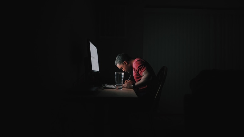 copy space, real people, office, working, person, plant, concentration, wireless technology, technology, leaning, writing, one person, pc, chair, using laptop