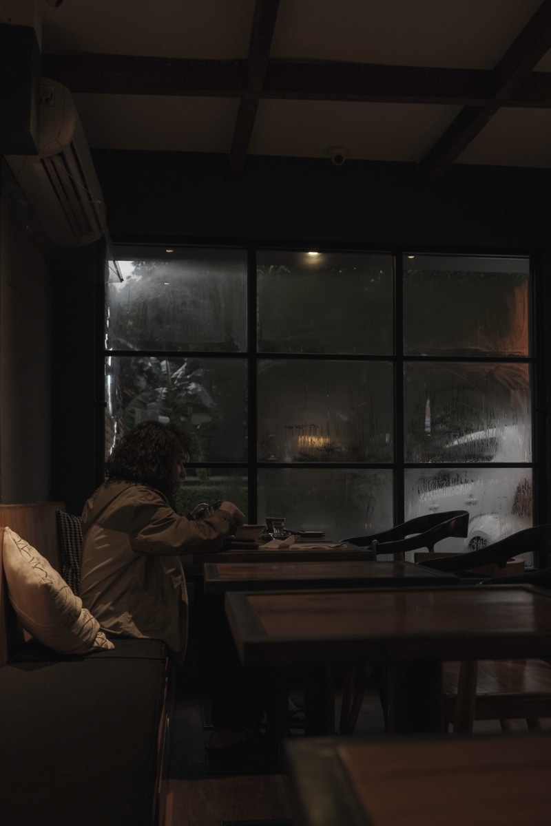 shelf, person, occupation, window, human, table, electronics, monitor, woman, rain, restaurant, glass - material, couch, display, sad, clothing, lcd screen