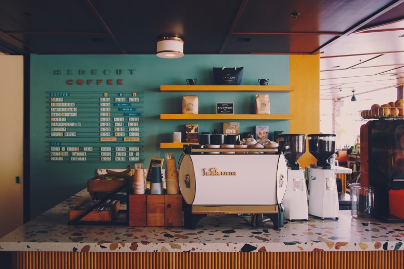 restaurant, business, food and drink, western script, retail, cafe, 5K, grinders, variation, coffee shop, cash register, furniture, table, indoors, illuminated
