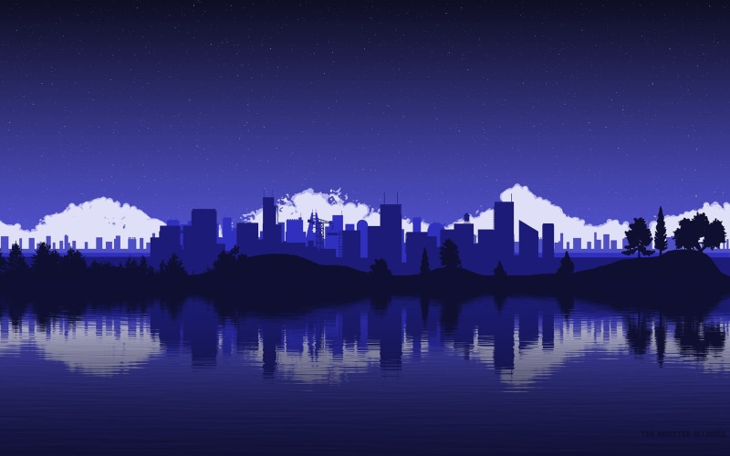 office building exterior, buildings, high, building exterior, waterfront, stars, 1080P, trees, rise, vector, night, silhouette, blue, nature, skyscraper