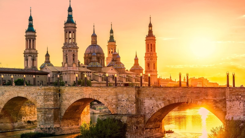 bridge - man made structure, 1080P, building exterior, sunset, building, river, history, historic site, outdoors, basilica of our lady of the pillar, zaragoza