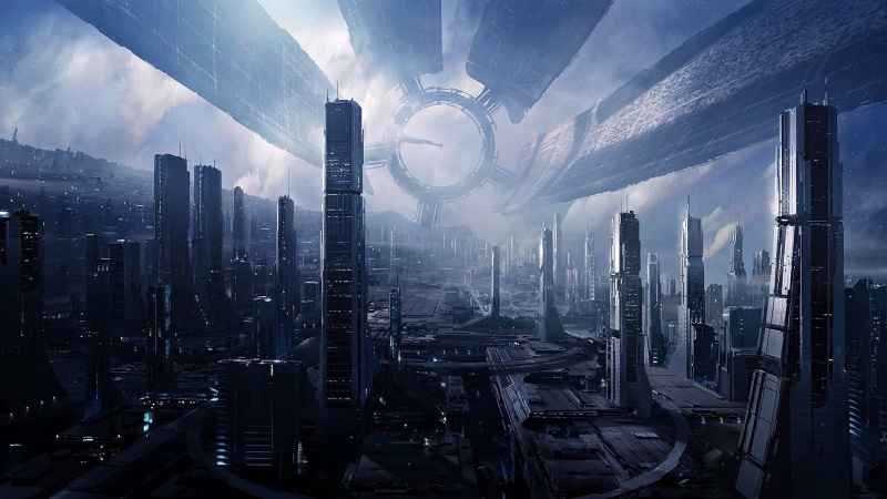 city, Mass Effect 2, skyscraper, technology, Citadel (Mass Effect), Citadel, science fiction, nebula, aliens, Mass Effect 3, space, digital art, 1080P
