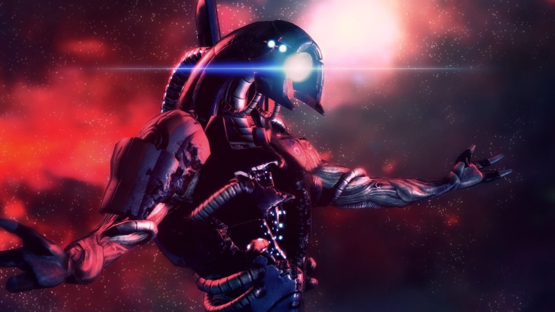 side view, waist up, competition, government, indoors, geth, Legion, security, 1080P, red, helmet, night, digital composite, Mass Effect 2, Mass Effect