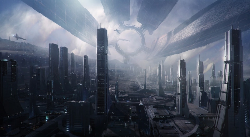 sky, building exterior, urban skyline, tall - high, craft, Citadel, video game, concept art, Mass Effect, hd, cityscape, modern, Artwork, buildings