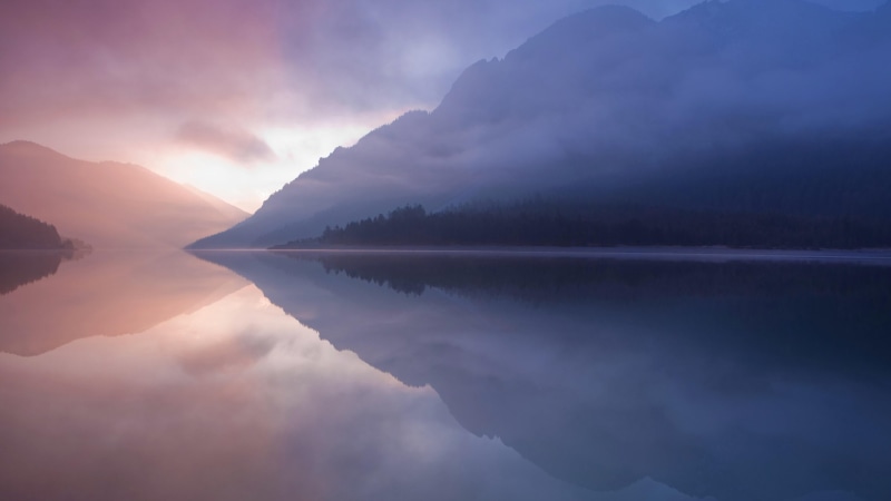 waterfront, lake, 4K, scenics - nature, fog, misty, nature, idyllic, mountain peak, mountain range, reflection, symmetry, water, outdoors, non-urban scene