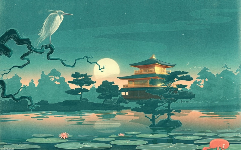 house, artwork, branch, birds, water, drawing, trees, 720P, stars, water lilies, Moon, forest, leaves, night, nature, lake, animals, Asian architecture