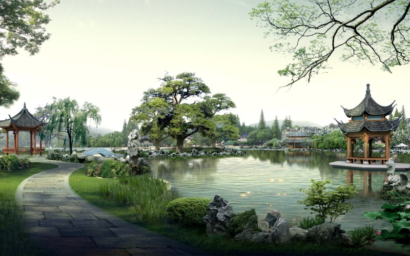 pavilion, lake, garden, landscape, path, Asian architecture, 1080P