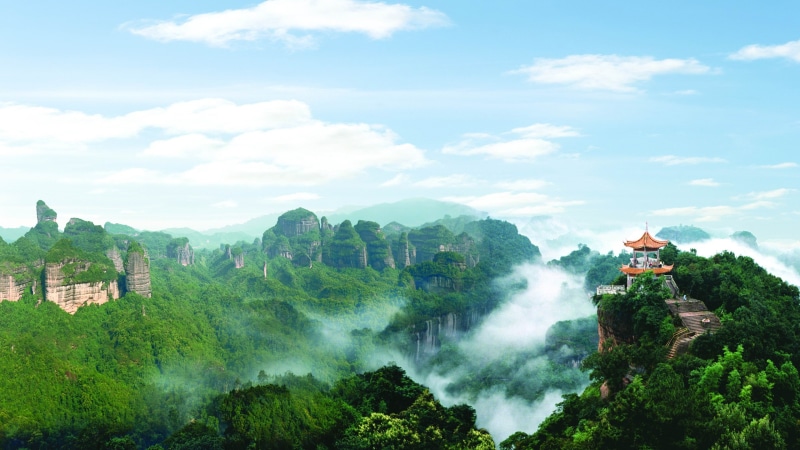 Pavilion, 2K, China, pagoda, Scenery, orange, white, temple, Mountains, Clouds, Beautiful, Danxia, Guangdong, Mountain
