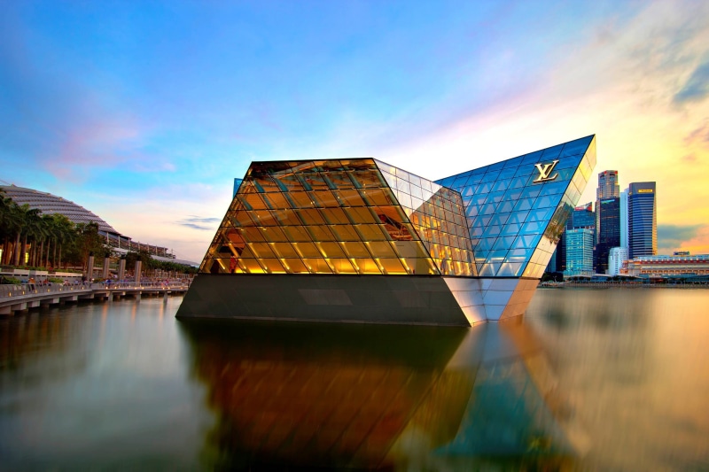 North Pavilion, Louis Vuitton, the city, architecture, glass, shore, vuitton, Singapore, louis, skyscrapers, Marina Bay Sands, 1080P, building