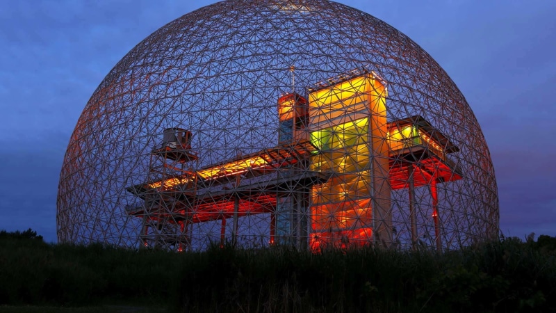 building, 1080P, modern, U.S. pavilion, arena, Worlds fairs, sphere, sky, Richard Buckminster Fuller, night, Montreal, Canada, grass, Biosphère, nature