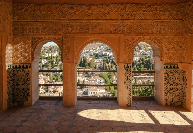 arch, interior, alhambra, ornate, pattern, nature, facade, travel destinations, 2K, city, courtyard, tiled floor, day, arches, building, history, photo