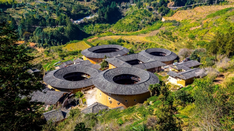 land, zhangzhou, green color, china, xiamen, nature, tire, geometric shape, no people, nanjing, 4K, chinese architecture, circle, fujian tulou cluster