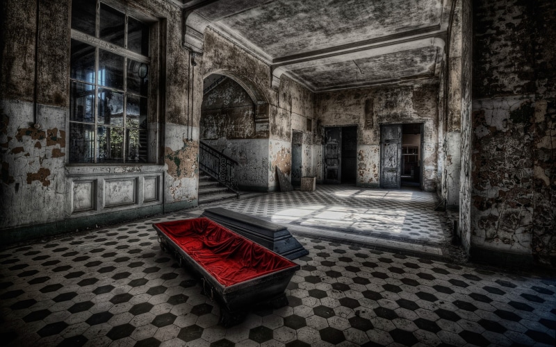 built structure, ceiling, no people, stairs, history, furniture, tiled floor, architecture, domestic room, arch, ruin, entrance, 2K, old, bed, door, abandoned