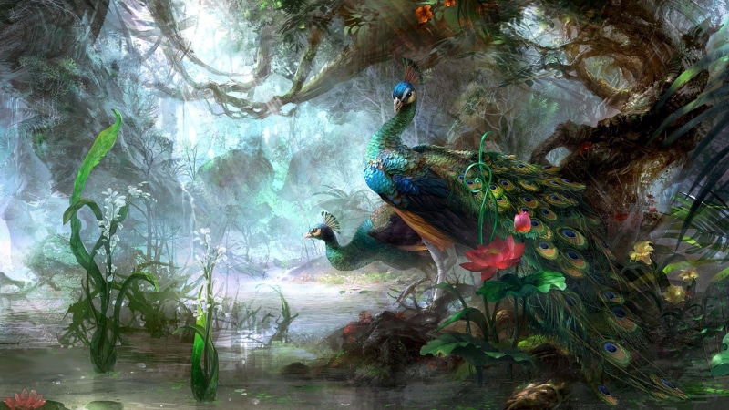 animals, painted, woods, birds, 2K, lake, peacocks, water, painting