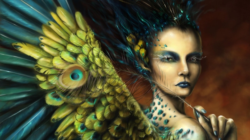 3840x2160, illustration, 4K, fairy, blue, s, fantasy, women, woman, hair, peacock