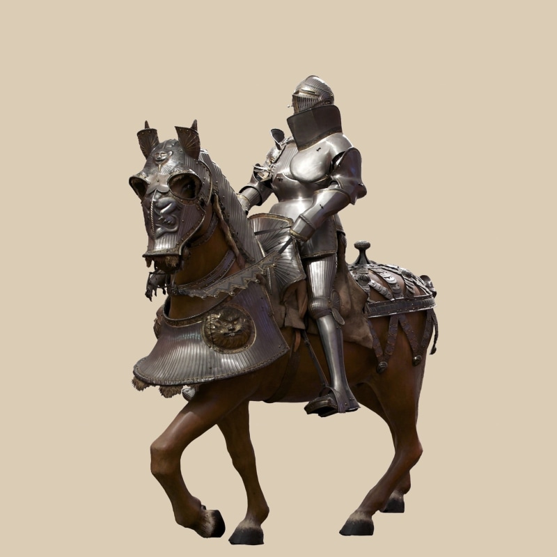 museum, representation, figurine, male likeness, horse, sculpture, day, domestic, studio shot, full length, history, animal wildlife, suit of Armor, indoors