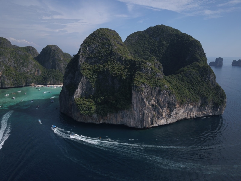 day, sky, rock formation, aerial photographs, 4K, stack rock, boat, phi phi, formation, vacations, sea, tourism, summer, koh phi phi, maya beach, ocean