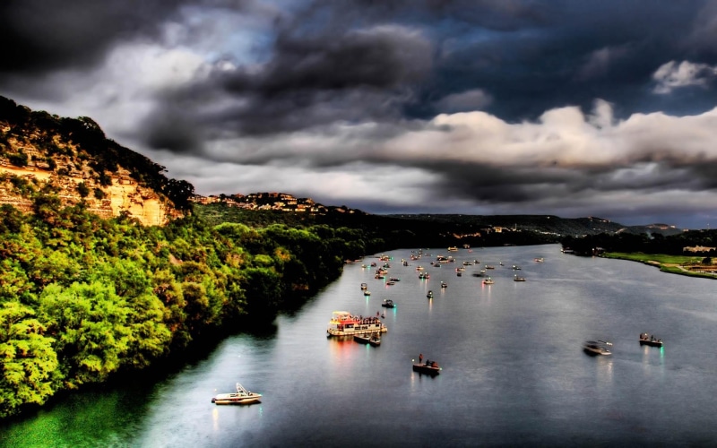 cliff, aerial, view, town, river, 3d and abstract, dusk, water, shore, photograph, 1080P, traffic, body, boats, hdr
