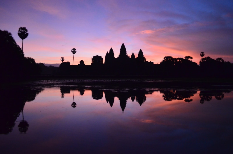 lake, outdoors, temple, reflection lake, scenics - nature, history, gradient, 4K, water, the past, reflection, place of worship, no people, cambodia, architecture