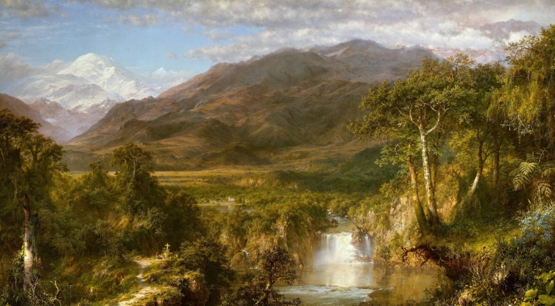 day, flowing water, 2K, land, rock - object, Frederic Edwin Church, no people, nature, mountain range, mountain, Heart Of The Andes, tree, rock, environment