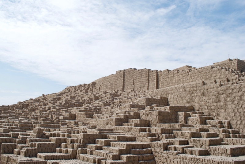 outdoors, architecture, building exterior, old ruin, culture, sunlight, huaca pucllana, no people, adobe, lima, city, cloud - sky, the past, landmark, travel destinations