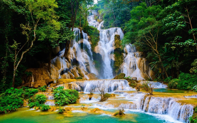  landscape, desktop, 2K, known, waterfall, cascading, picturesque, laos, wat, waterfalls, falls, si, kuang, hd