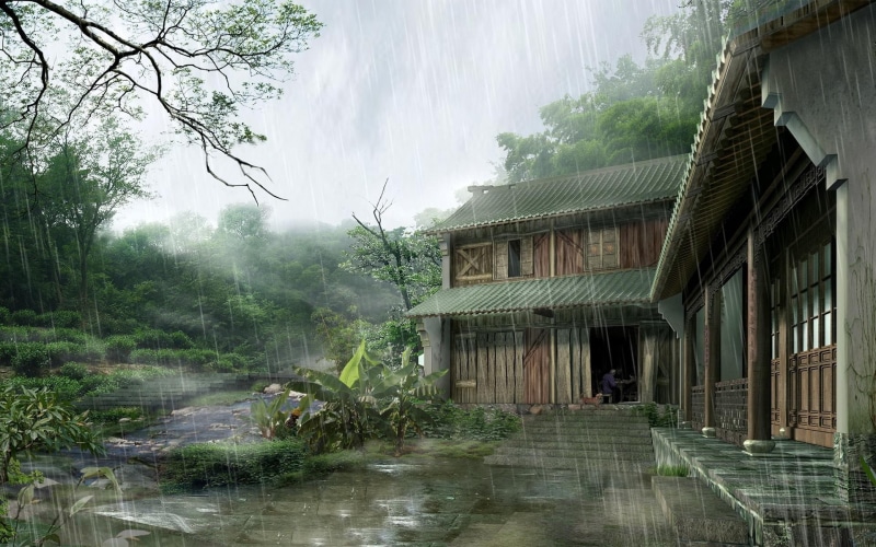 brown, wooden, forest, digital art, 1920x1200, rain, 1080P, dojo, rainy, house