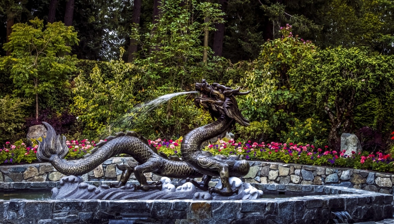garden, green color, butchart gardens, representation, 5K, day, mythical creatures, nature, statue, dragon, dragon fountain, outdoors, plant, water, japanese garden