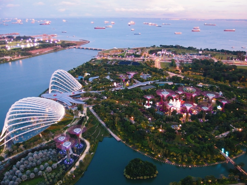 nautical vessel, day, travel destinations, outdoors, colorful, marinabaysands, sea, singapore, water, high angle view, cityscape, gardensbythebay
