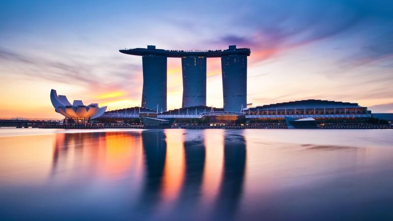 vertebrate, animal, cloud - sky, building, singapore, resort, asia, bay, marina bay sands, travel destinations, river, no people, bird, water, reflection