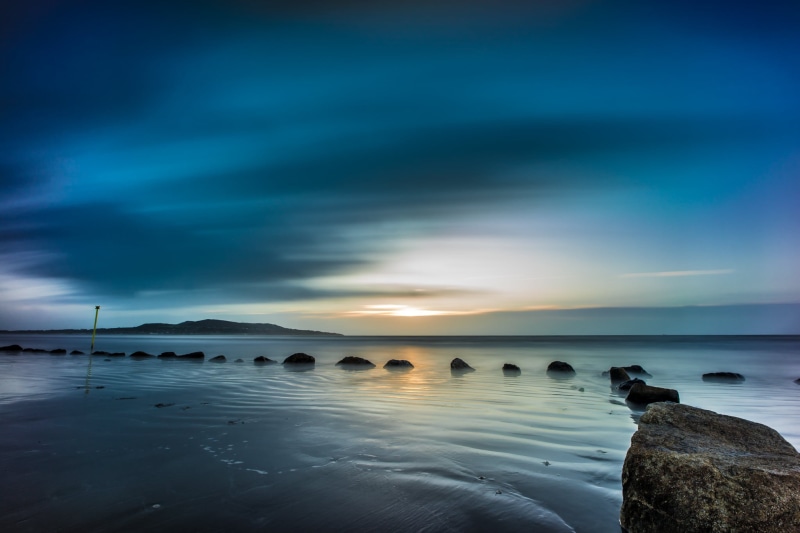 Dublin, coastline, sunset, rocks, blue  bull, yellow, weather, dusk, blue sky, landscape, sky, sony a7, photo, long exposure, clouds, blue, Sunrise, Bull Island