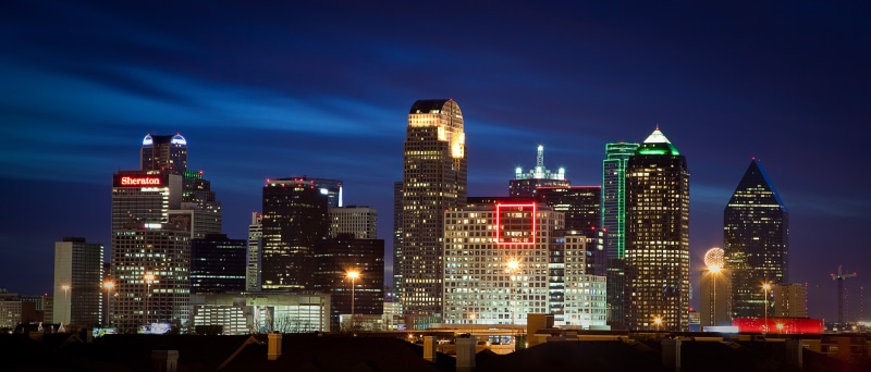 illuminated, urban Skyline, panoramic photo, building Exterior, architecture, cityscape, downtown District, dallas, dusk, uSA, photo, panoramic, urban Scene