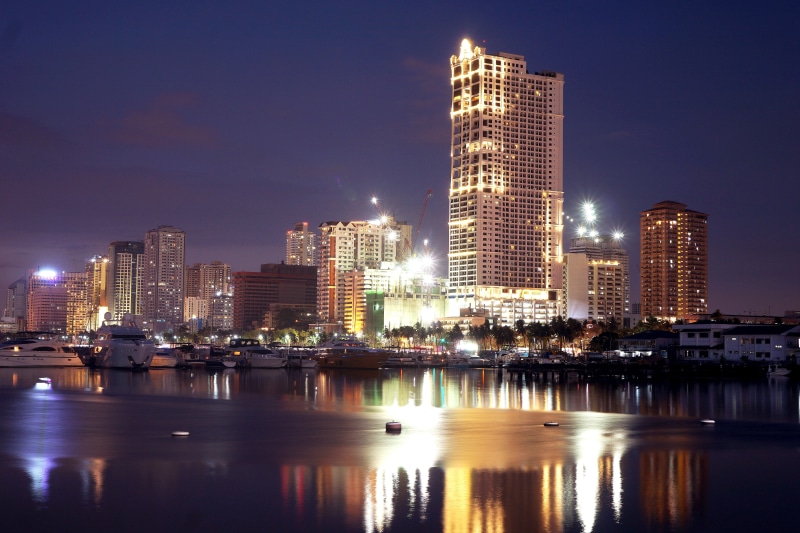beautifully, urban skyline, Manila Bay, sunset, 5K, modern, photo, coast, skyscrapers, landscape, water, nature, Big City, no people, twilight, nightlife